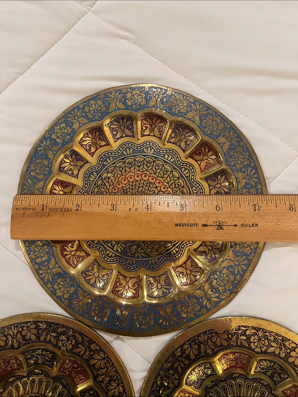 4 Decorative Peacock Brass Wall Plates. Gold w Purple, Blue, Black & Red Accents
